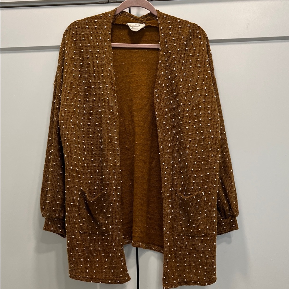 Flower & feather swiss dot open cardigan Brown cozy large